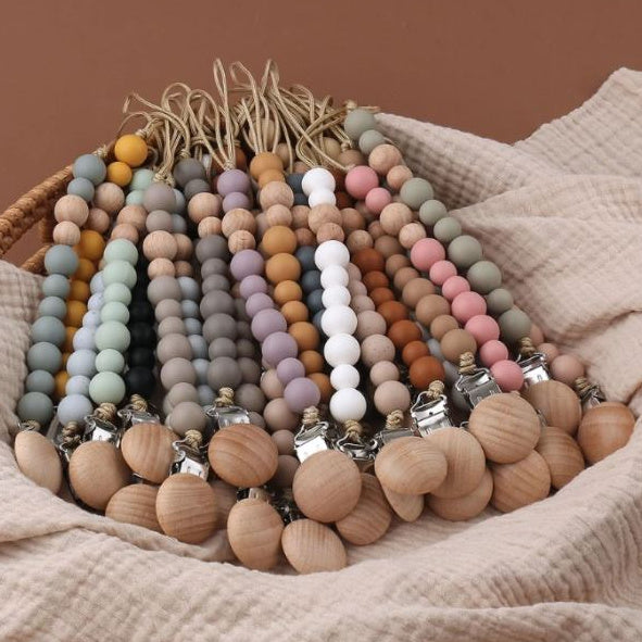 Baby Dummy Clips - Beaded Silicone Wooden Pacifier Holder - Eco Friendly Baby Gift - 14 Colours