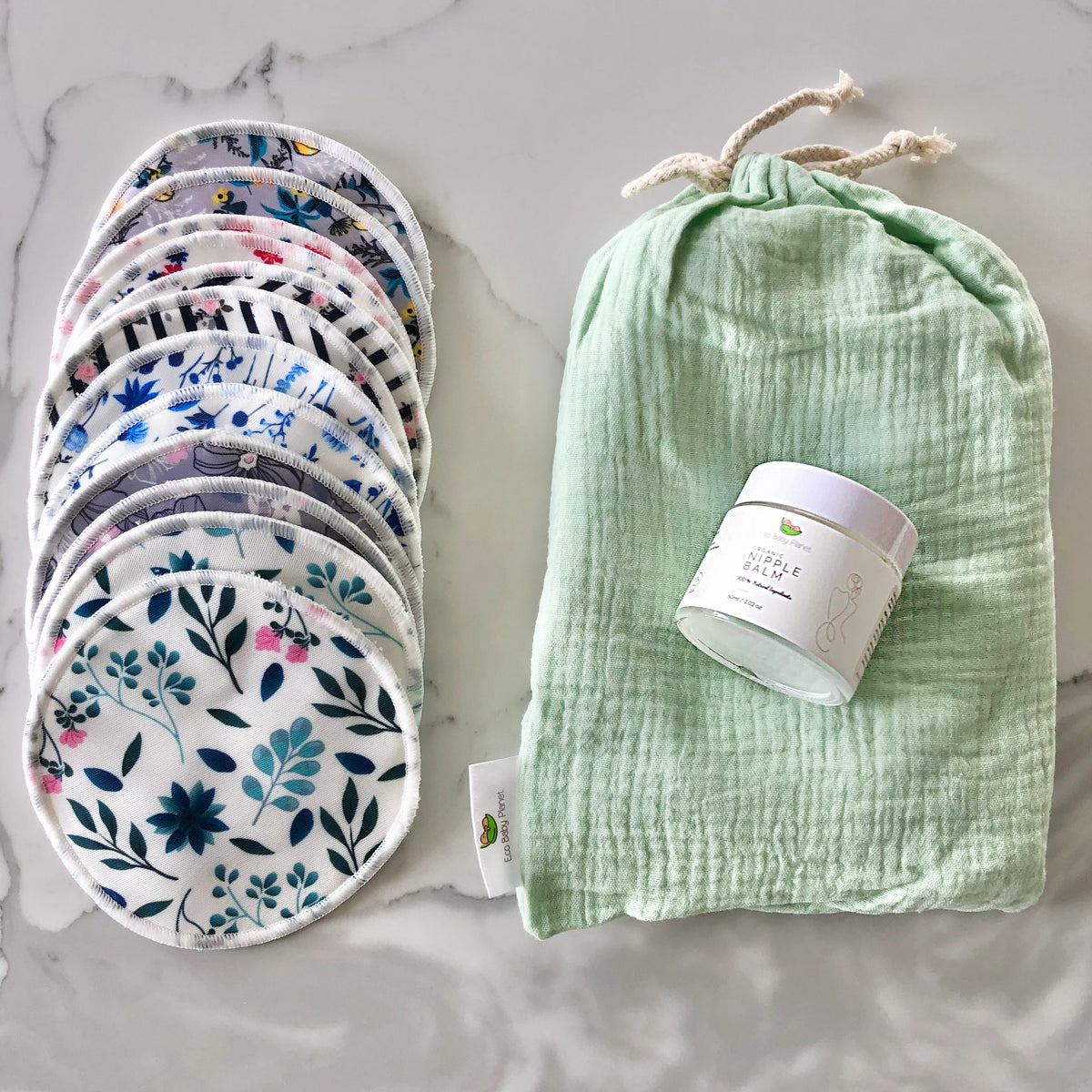 Breastfeeding Essentials Bundle:  Reusable Breast Pads (12pk) + 100% Organic Nipple Balm + Muslin Nursing Cover
