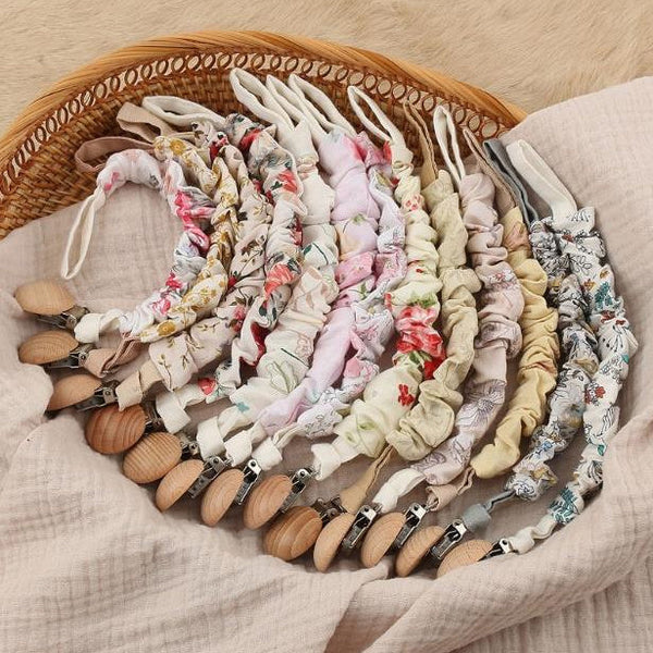 Baby Dummy Chain Clips - Cotton Linen Fabric Pacifier Holder - Boho Style Flowers - Eco Friendly Baby Gift for Boys and Girls