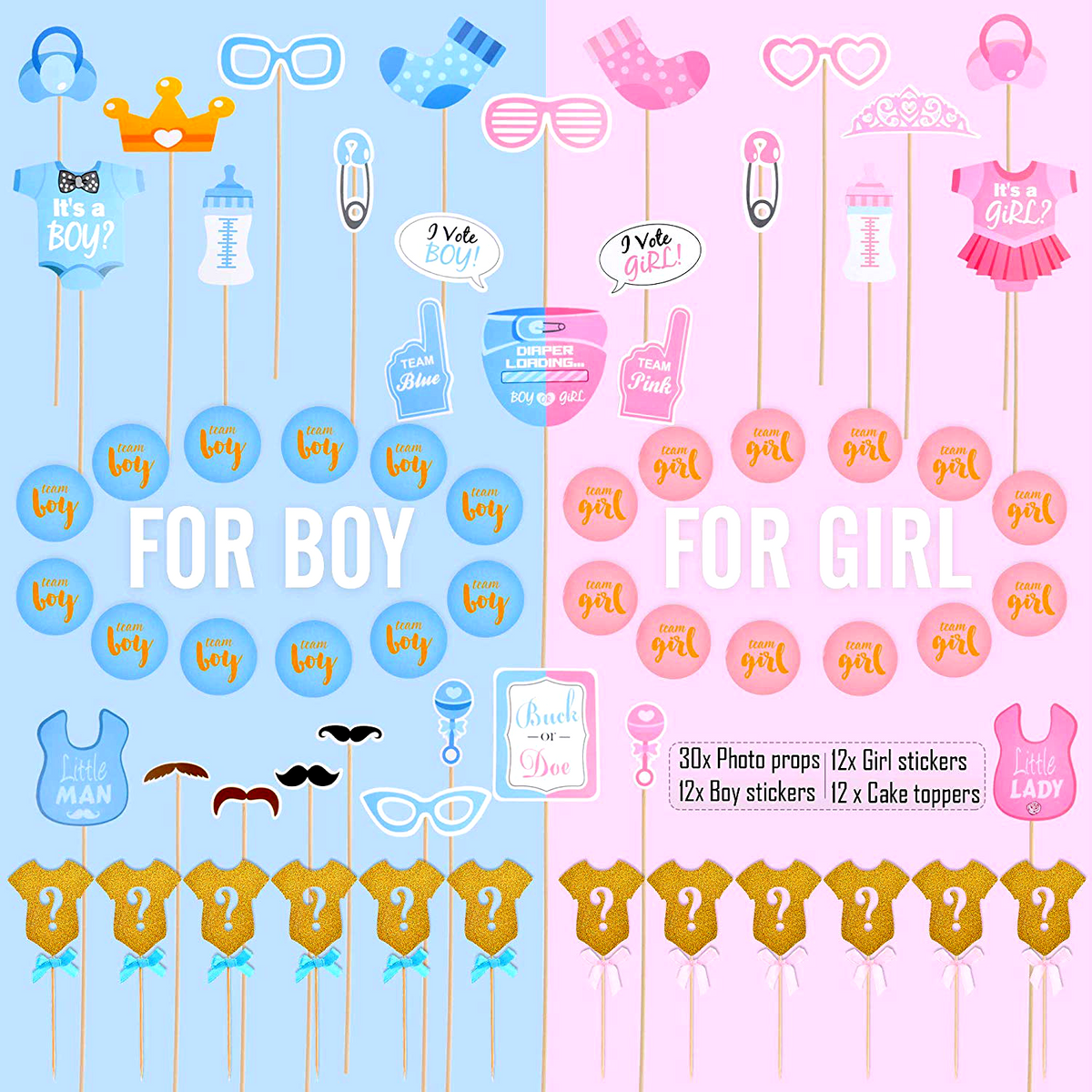 Gender Reveal Decorations Party Kit - Giant Balloon - 120 pieces Blue & Pink for 24 Guests