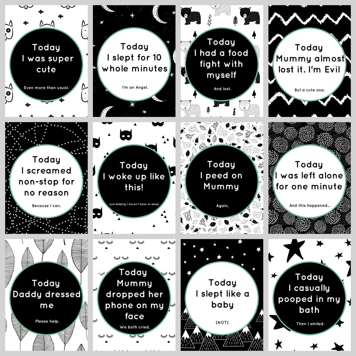 Baby Milestone Cards - 24 Unique Cute & Funny Card Designs - For New Parents with a Sense of Humour