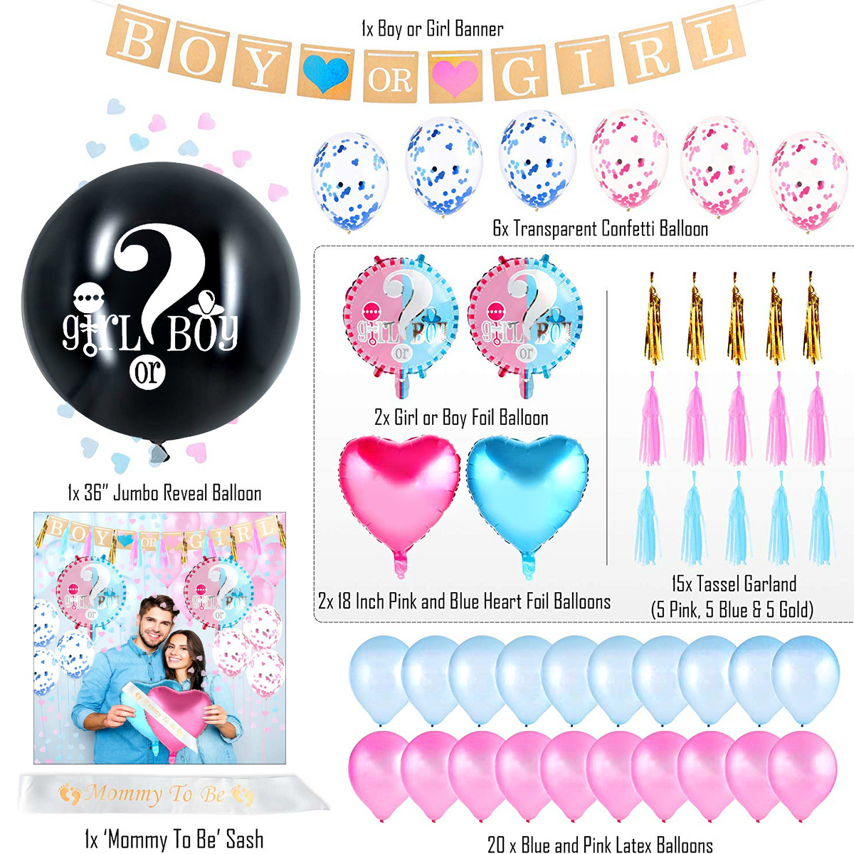 Gender Reveal Decorations Party Kit - Giant Balloon - 120 pieces Blue & Pink for 24 Guests